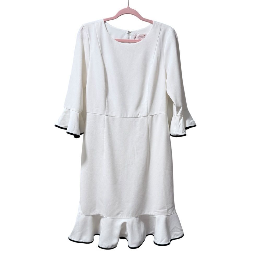 NANETTE LEPORE White BELLA DONNA Dress 4 Bell Sleeves Flounce Contrast Edge NWT - Picture 3 of 14
